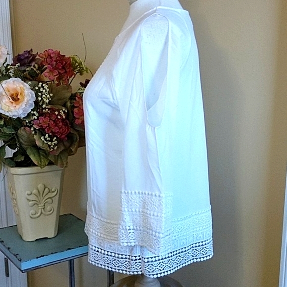 NEW Worthington White Top Blouse Pullover Cold Shoulder 3/4 Slve Crochet Lace Sm - Picture 5 of 8